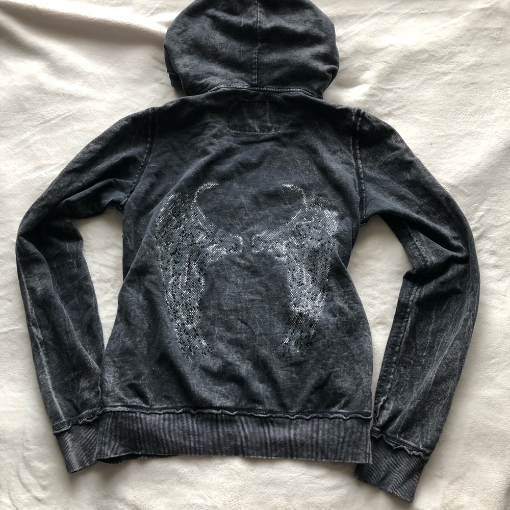 Rhinestone Angel Wing Zip Up Hoodie Grey